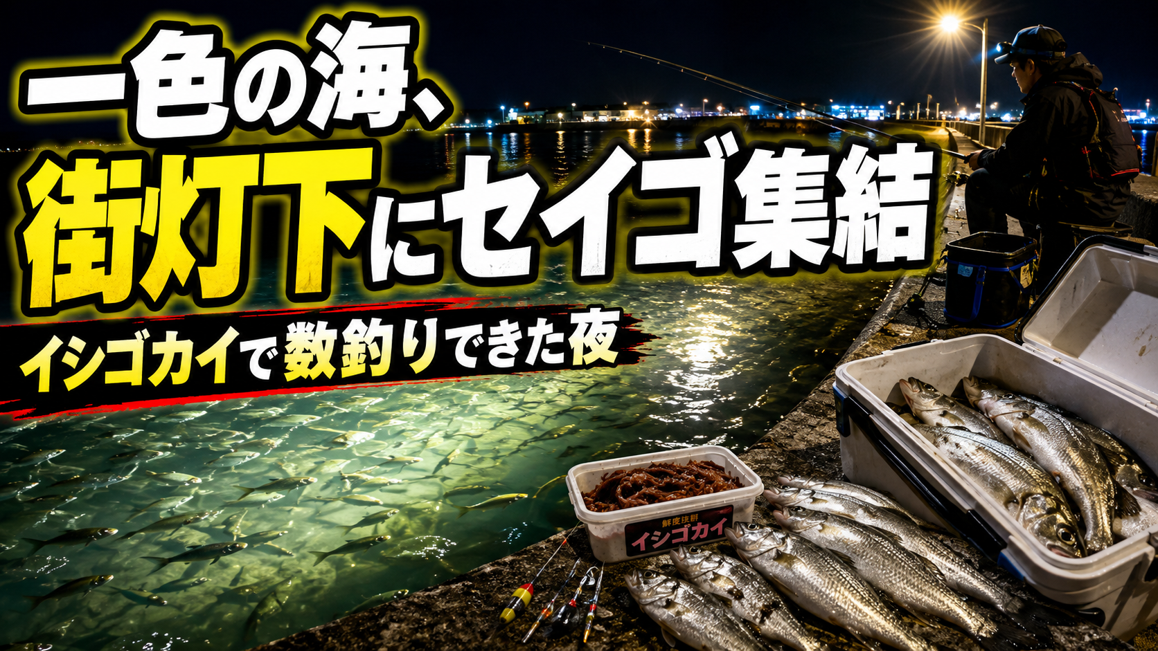 一色の海、街灯下にセイゴ集結。イシゴカイで数釣りできた夜